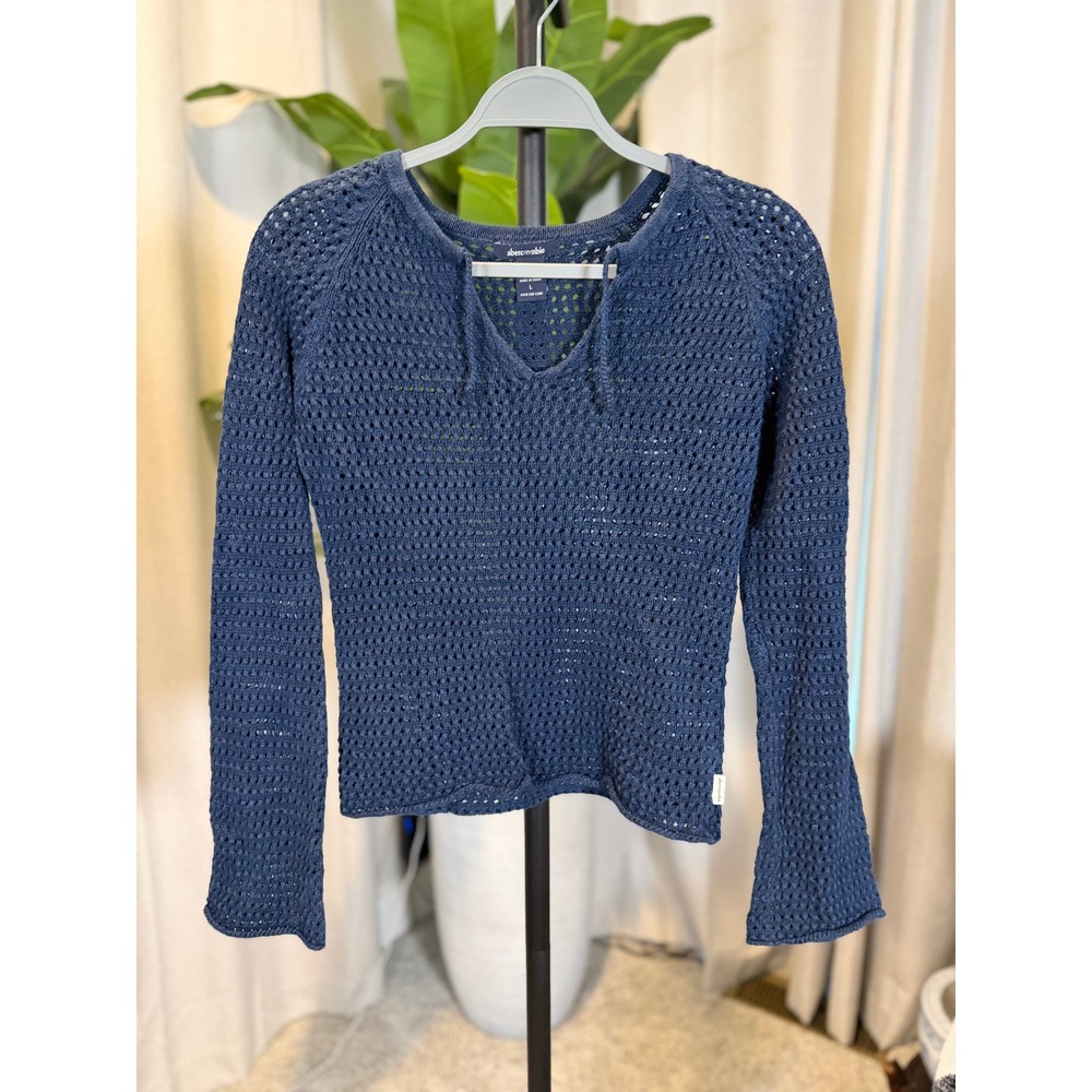 Abercrombie Navy Blue Open Knit Crochet Tie Neck Sweater Ramie Cotton Large